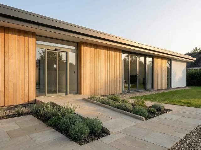 modern bungalow, accessible housing, single-story house, architectural design, eco-friendly architecture, landscaped garden, outdoor patio, sustainable building, home entrance, luxury property, sunny day, modern house architecture, universal design, high angle view, copy space, angled view, garden design, ai in architecture, earth brick usage. ADA compliance and ICC building codes when leasing US commercial space