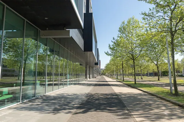 Glass facade of a modern office building in Utrecht, displaying sleek architecture and tree-lined walkway under clear skies. Retail space examples with clear practical explanations