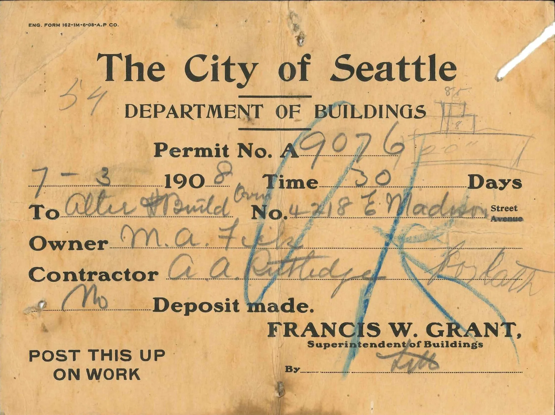 Seattle building permit for a property at 4218 E Madison, 1908. Zoning and permits mistakes traced back to the belief behind each one